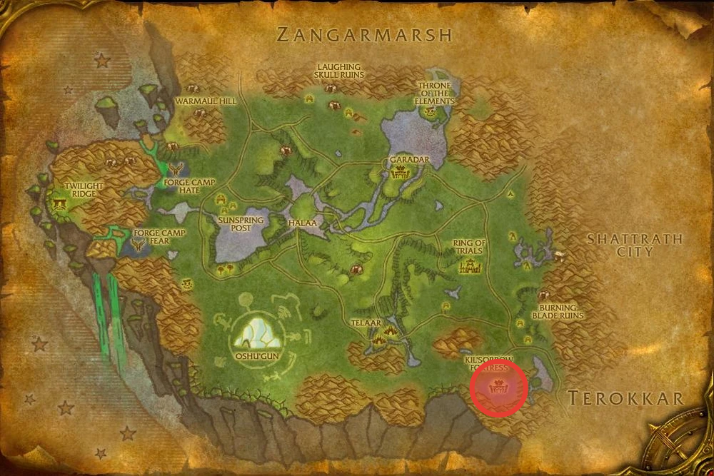 Kilsorrow Fortress mob grinding map location Nagrand